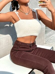 SHEIN Unity Tie Shoulder Fluffy Cami Knit Top - Beige - View 4