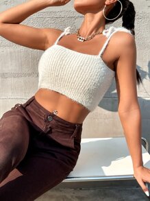 SHEIN Unity Tie Shoulder Fluffy Cami Knit Top - Beige - View 6