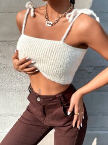 SHEIN Unity Tie Shoulder Fluffy Cami Knit Top - Beige - View 5
