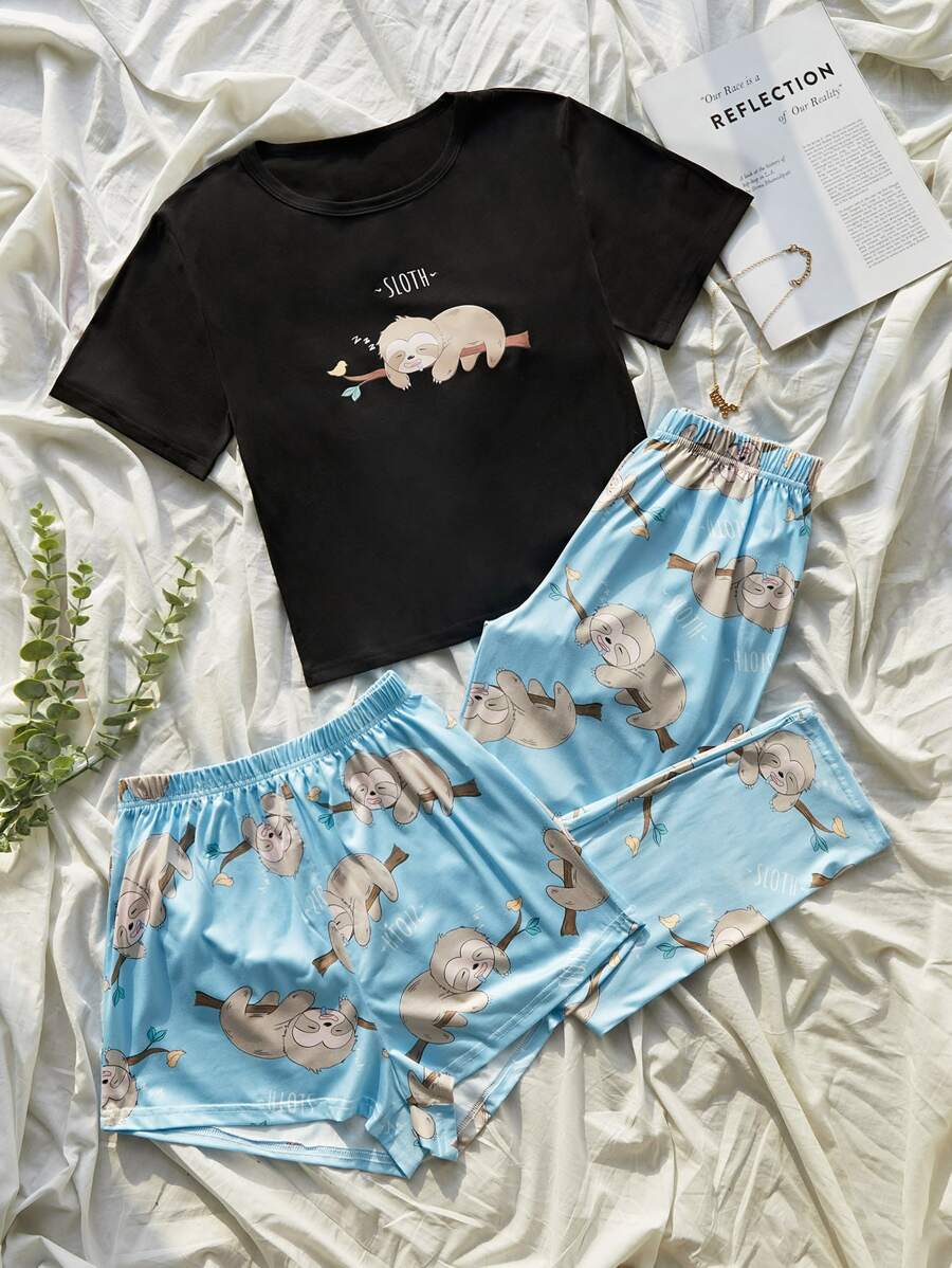 Cartoon Graphic Tee & Shorts PJ Set / Pajama Set - Multicolor - View 1