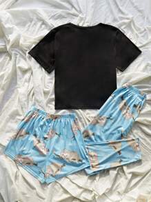 Cartoon Graphic Tee & Shorts PJ Set / Pajama Set - Multicolor - View 2