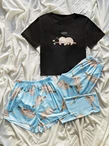 Cartoon Graphic Tee & Shorts PJ Set / Pajama Set - Multicolor - View 4