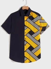 Manfinity Men Drop Shoulder Geo Print Colourblock Shirt - Multicolor - View 1