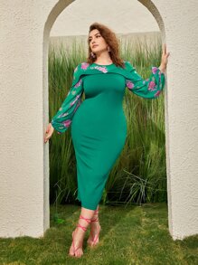 SHEIN Clasi Đầm Plus Size Hoa Thanh lịch - màu xanh lá - Xem 3
