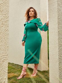 SHEIN Clasi Đầm Plus Size Hoa Thanh lịch - màu xanh lá - Xem 8