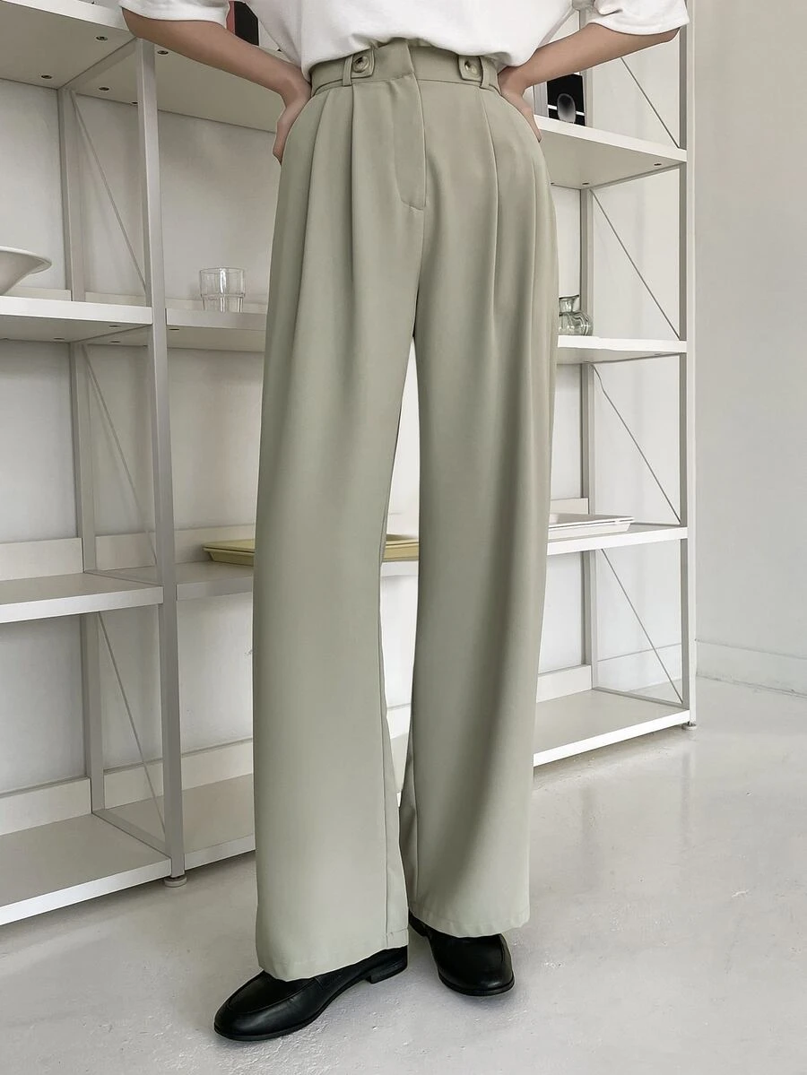 DAZY High Waist Plicated Detail Trousers - Olive Green - View 1