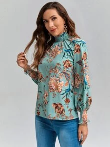 بلوزة طباعة الأزهار بغرز اكمام بيشوب