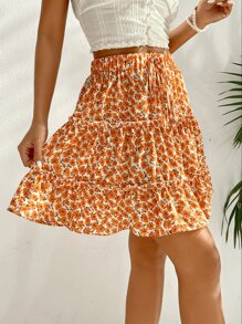 SHEIN Unity Allover Floral Print Knot Waist Ruffle Hem Skirt - Multicolor - View 5