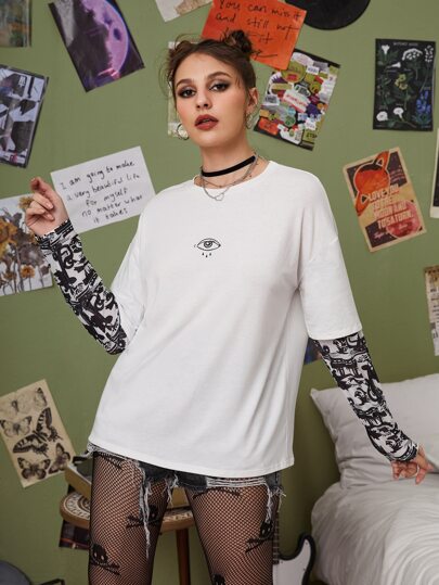 ROMWE 2 In 1 Eye Graphic Drop Shoulder Tee