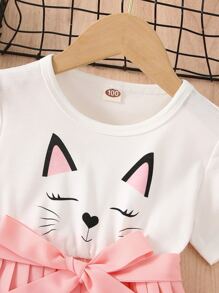 SHEIN 小女童貓印花腰帶百褶下擺洋裝 - 彩色 - 查看 3