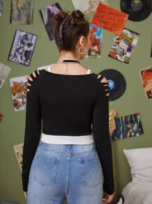 ROMWE Camiseta corta 2 en 1 con abertura escalonada con corazón & ala con estampado - Negro - Ver 2