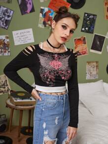 ROMWE Camiseta corta 2 en 1 con abertura escalonada con corazón & ala con estampado - Negro - Ver 4