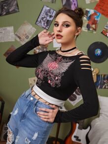 ROMWE Camiseta corta 2 en 1 con abertura escalonada con corazón & ala con estampado - Negro - Ver 5