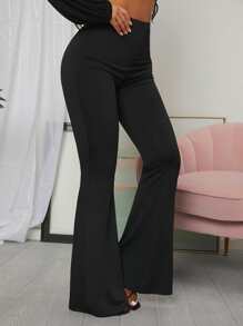 SHEIN X PERLA SHEIN SXY Ruched Back High Waist Flared Leg Pants - Black - View 1
