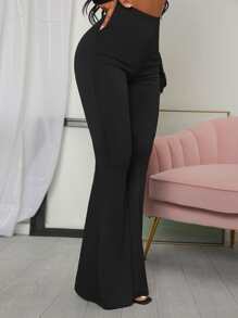 SHEIN X PERLA SHEIN SXY Ruched Back High Waist Flared Leg Pants - Black - View 4