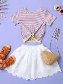 小女童條紋圖案前扭結T恤和網眼刺繡貝殼邊半身裙 - 彩色 - 查看 1