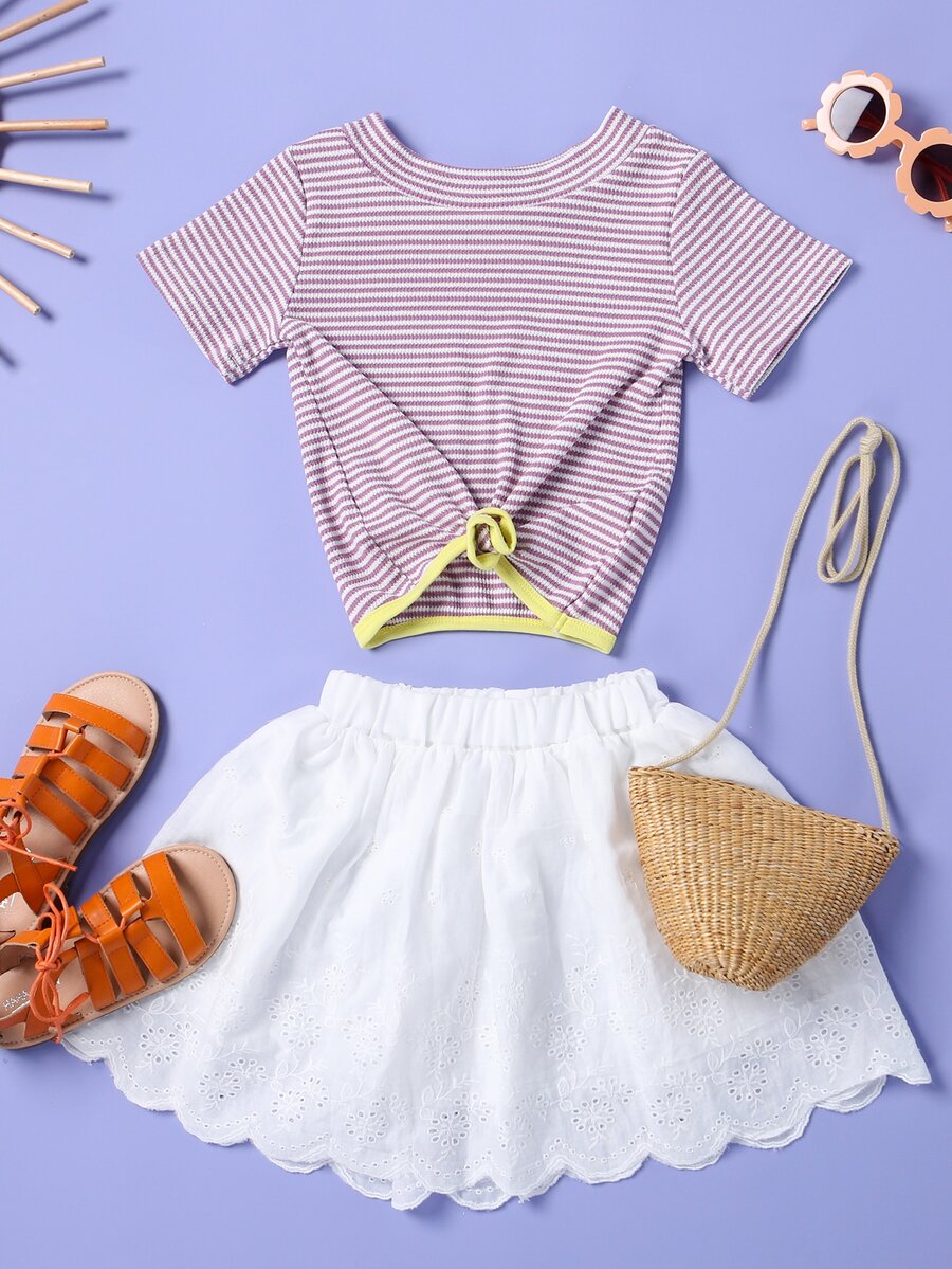 小女童條紋圖案前扭結T恤和網眼刺繡貝殼邊半身裙 - 彩色 - 查看 1