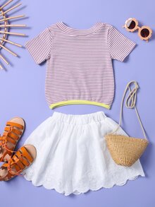 小女童條紋圖案前扭結T恤和網眼刺繡貝殼邊半身裙 - 彩色 - 查看 2