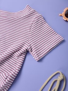 小女童條紋圖案前扭結T恤和網眼刺繡貝殼邊半身裙 - 彩色 - 查看 4