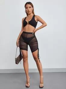 SHEIN Quần tất nữ Dây kéo Xù cắt màu trơn Gợi cảm - màu đen - Xem 3