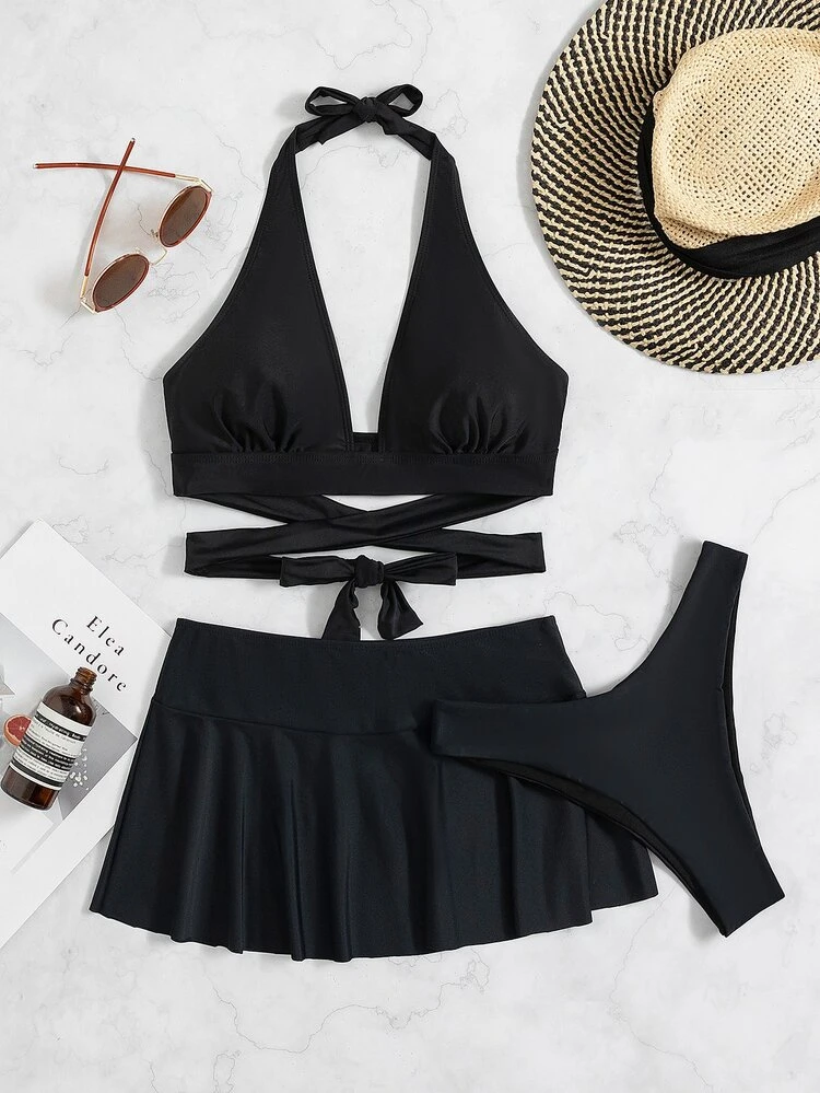 Bikini de corte alto con halter cruzado liso y falda para la playa, para vacaciones de verano - Negro - Añade 3