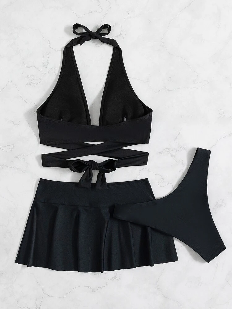 Bikini de corte alto con halter cruzado liso y falda para la playa, para vacaciones de verano - Negro - Añade 4