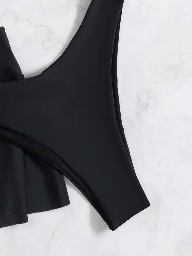Bikini de corte alto con halter cruzado liso y falda para la playa, para vacaciones de verano - Negro - Añade 5