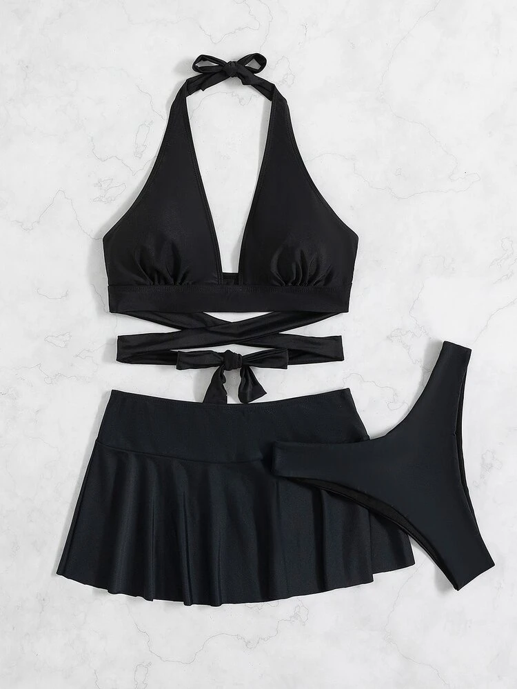 Bikini de corte alto con halter cruzado liso y falda para la playa, para vacaciones de verano - Negro - Añade 6