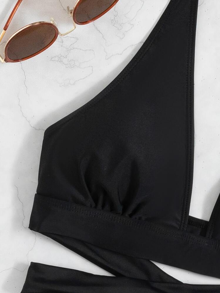 Bikini de corte alto con halter cruzado liso y falda para la playa, para vacaciones de verano - Negro - Añade 7