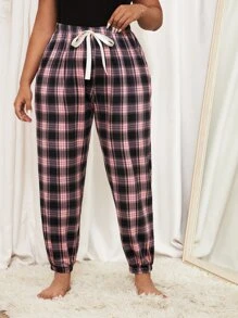 Plus Plaid Print Knot Front Sleep Trousers - Multicolor - View 1