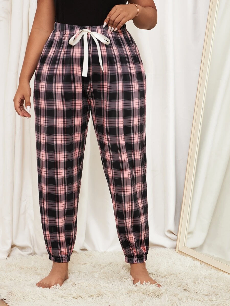 Plus Plaid Print Knot Front Sleep Trousers - Multicolor - View 1