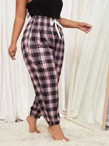 Plus Plaid Print Knot Front Sleep Trousers - Multicolor - View 3