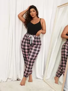 Plus Plaid Print Knot Front Sleep Trousers - Multicolor - View 4