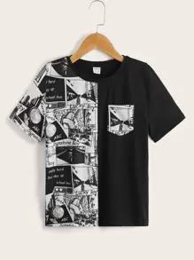 SHEIN 男孩波普印花補丁口袋T恤 - 黑與白 - 查看 1