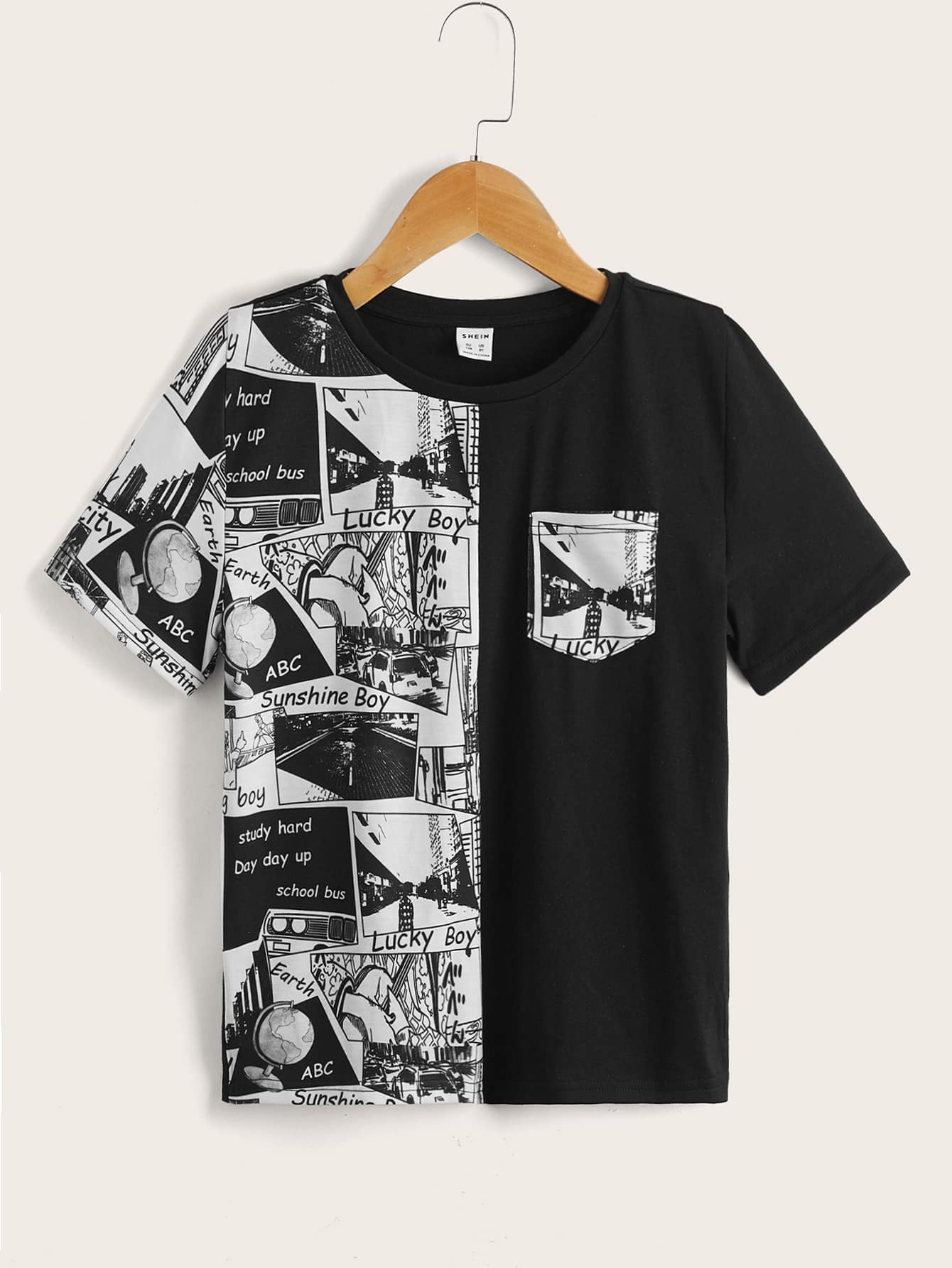 SHEIN 男孩波普印花補丁口袋T恤 - 黑與白 - 查看 1