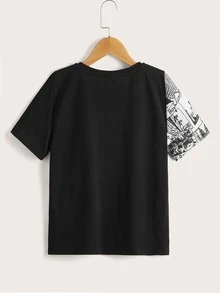 SHEIN 男孩波普印花補丁口袋T恤 - 黑與白 - 查看 2