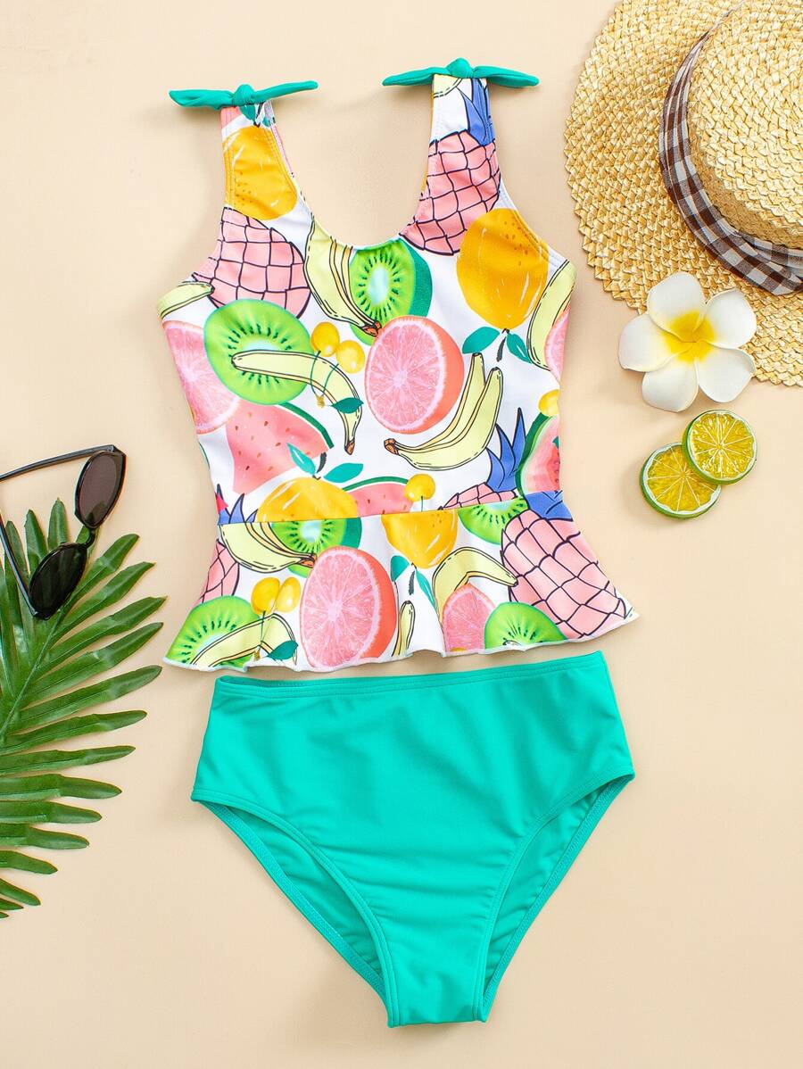 Tankini de verano para playa con estampado de frutas y dobladillo con volantes para niña preadolescente - Multicolor - Ver 1