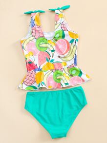 Tankini de verano para playa con estampado de frutas y dobladillo con volantes para niña preadolescente - Multicolor - Ver 2