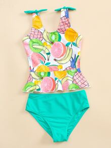 Tankini de verano para playa con estampado de frutas y dobladillo con volantes para niña preadolescente - Multicolor - Ver 5