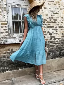 圓點荷葉邊A字洋裝 - 藍色 - 查看 1