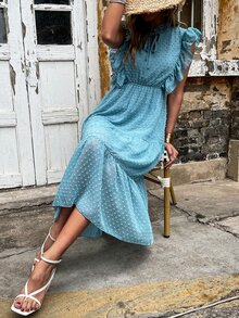 圓點荷葉邊A字洋裝 - 藍色 - 查看 3