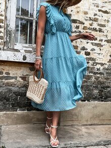 圓點荷葉邊A字洋裝 - 藍色 - 查看 4