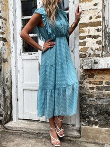 圓點荷葉邊A字洋裝 - 藍色 - 查看 5