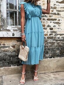 圓點荷葉邊A字洋裝 - 藍色 - 查看 6