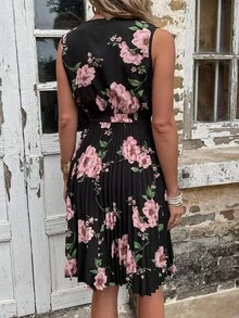 印花交疊領腰帶百褶下擺連衣裙 - 黑色 - 查看 2