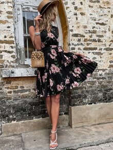 印花交疊領腰帶百褶下擺連衣裙 - 黑色 - 查看 5