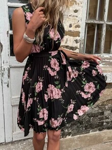 印花交疊領腰帶百褶下擺連衣裙 - 黑色 - 查看 6