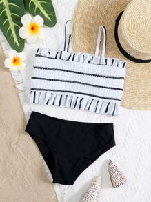 Tween Girl Striped Smocked Frill Trim Bikini Set Summer Beach - Black and White - View 1