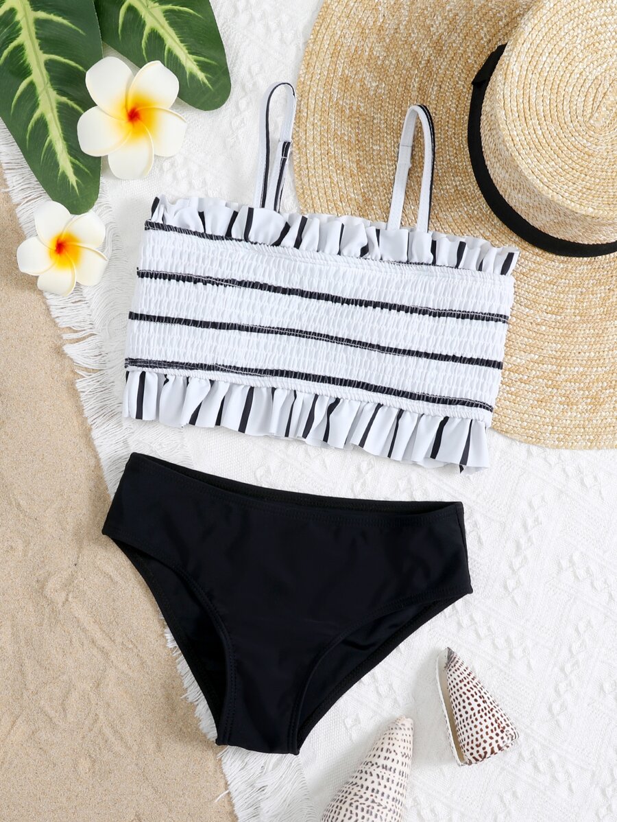 Tween Girl Striped Smocked Frill Trim Bikini Set Summer Beach - Black and White - View 1