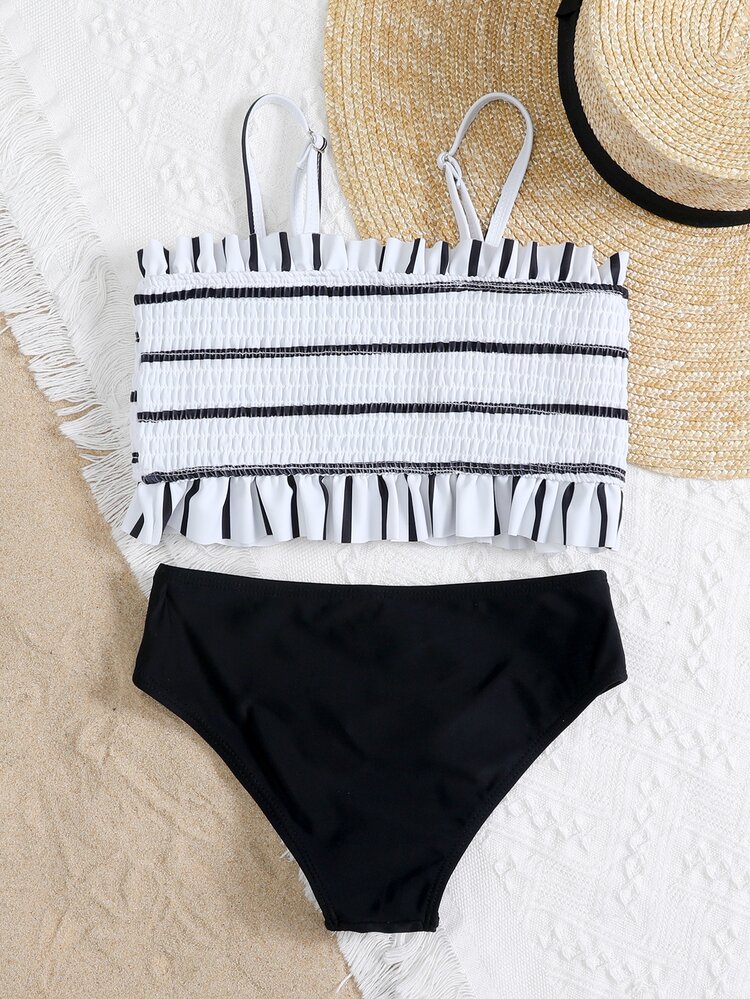 Tween Girl Striped Smocked Frill Trim Bikini Set Summer Beach - Black and White - View 2